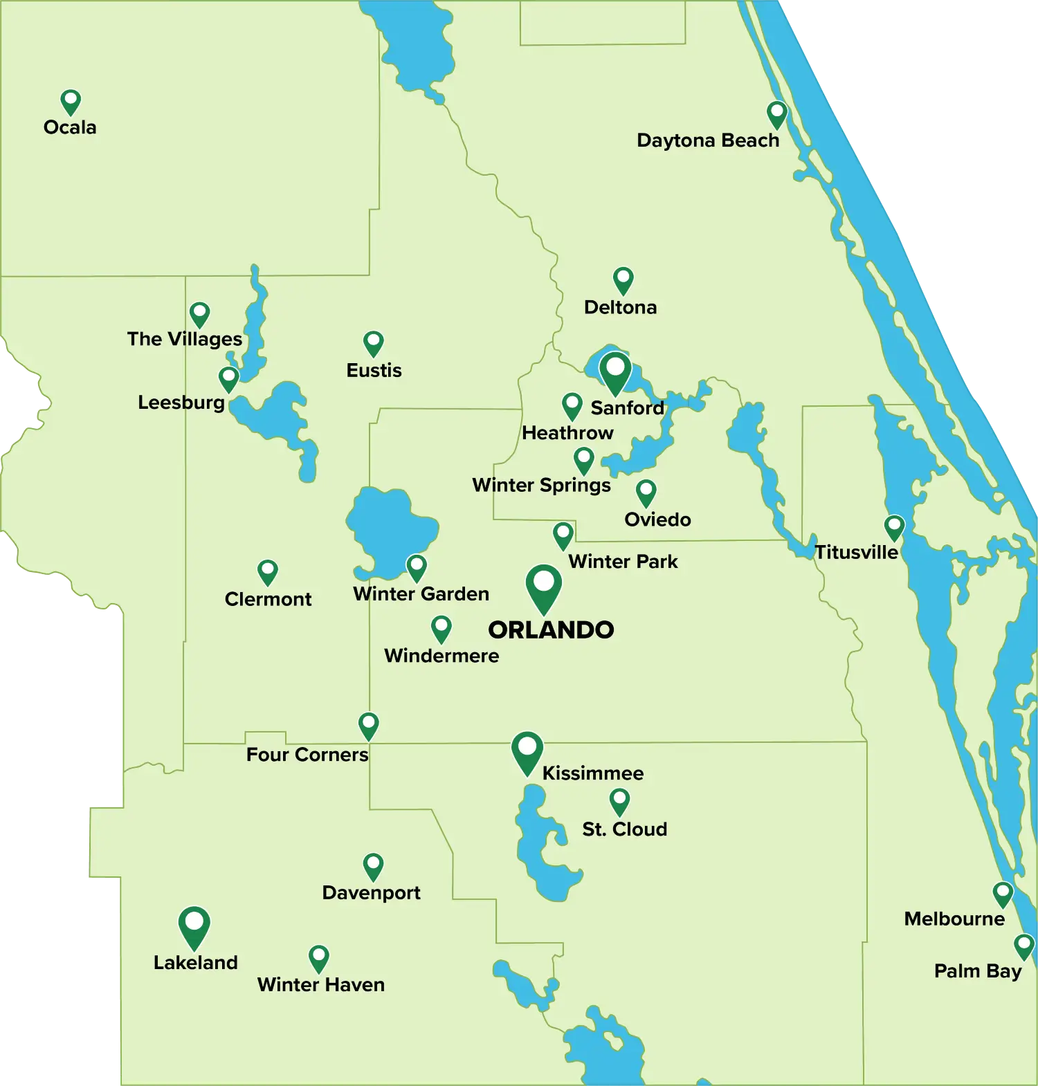 Sorko Services service area map - Local Pest Control and Pond Management in the Greater Orlando area - Sanford | Orlando | Winter Park | Oviedo | Heathrow | Kissimmee | Winter Springs | Clermont | Winter Garden | Windermere | Davenport | Winter Haven | Ocala | Lakeland | Daytona Beach | Deltona | St Cloud | Four Corners | The Villages | Leesburg | Eustis | Titusville | Melbourne | Palm Bay
