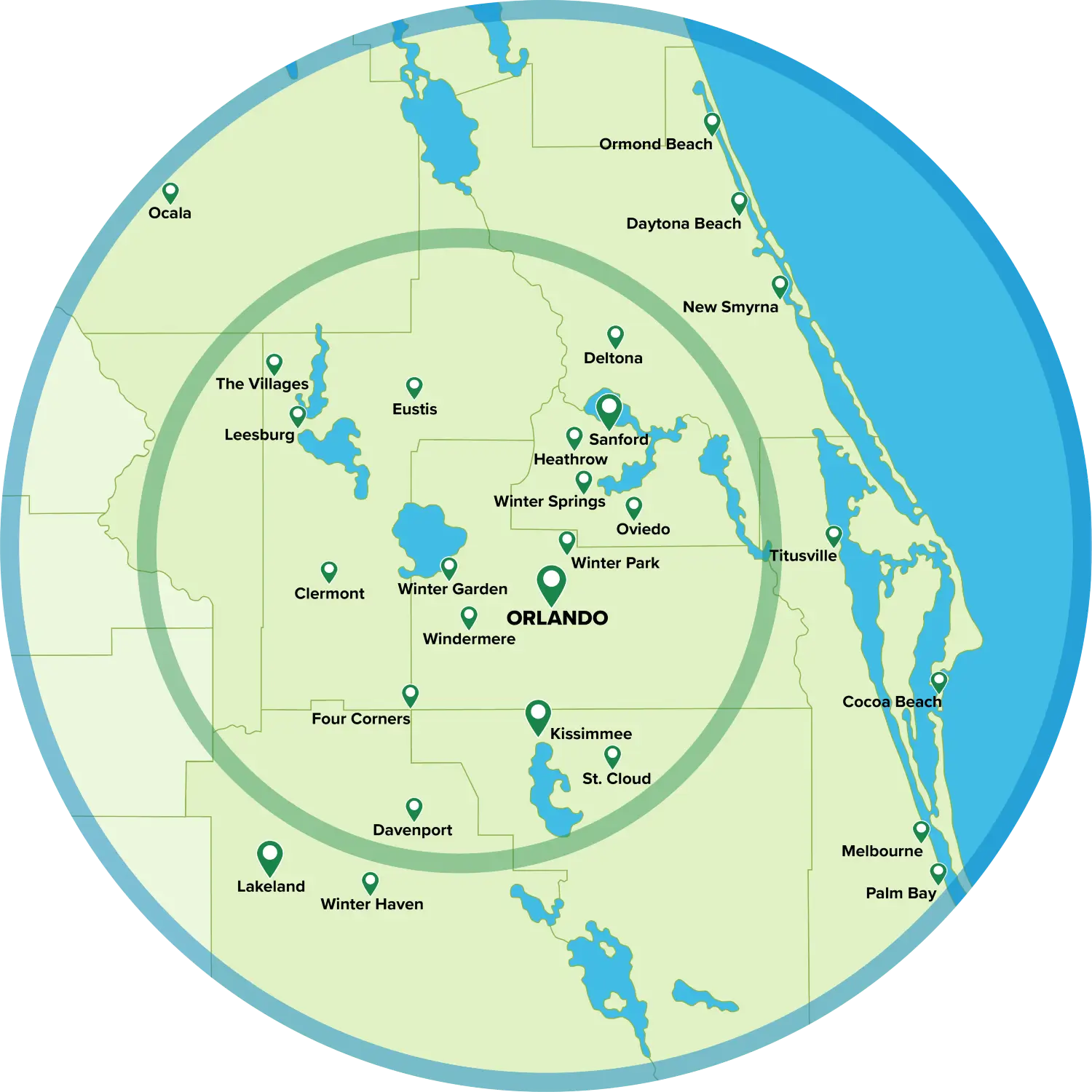 Sorko Services service area map - Local Pest Control and Pond Management in the Greater Orlando area - Sanford | Orlando | Winter Park | Oviedo | Heathrow | Kissimmee | Winter Springs | Clermont | Winter Garden | Windermere | Deltona | St Cloud | Four Corners | The Villages | Leesburg | Eustis | Titusville | Melbourne | Palm Bay | Orange County | Seminole County | Lake County | Osceola County | Volusia County | Polk County | Marion County