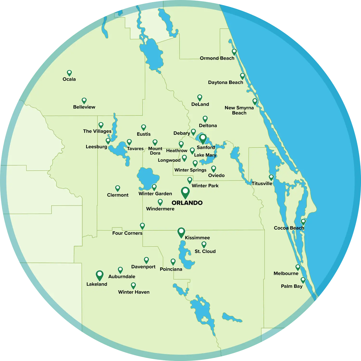 Sorko Services service area map - Local Pest Control and Pond Management in the Greater Orlando area - Sanford | Orlando | Winter Park | Oviedo | Heathrow | Kissimmee | Winter Springs | Clermont | Winter Garden | Windermere | Deltona | St Cloud | Four Corners | The Villages | Leesburg | Eustis | Titusville | Melbourne | Palm Bay | New Smyrna Beach | Poinciana | Deland | Debary | Tavares | Mount Dora | Lake Mary | Auburndale | Longwood | Belleview| Orange County | Seminole County | Lake County | Osceola County | Volusia County | Polk County | Marion County